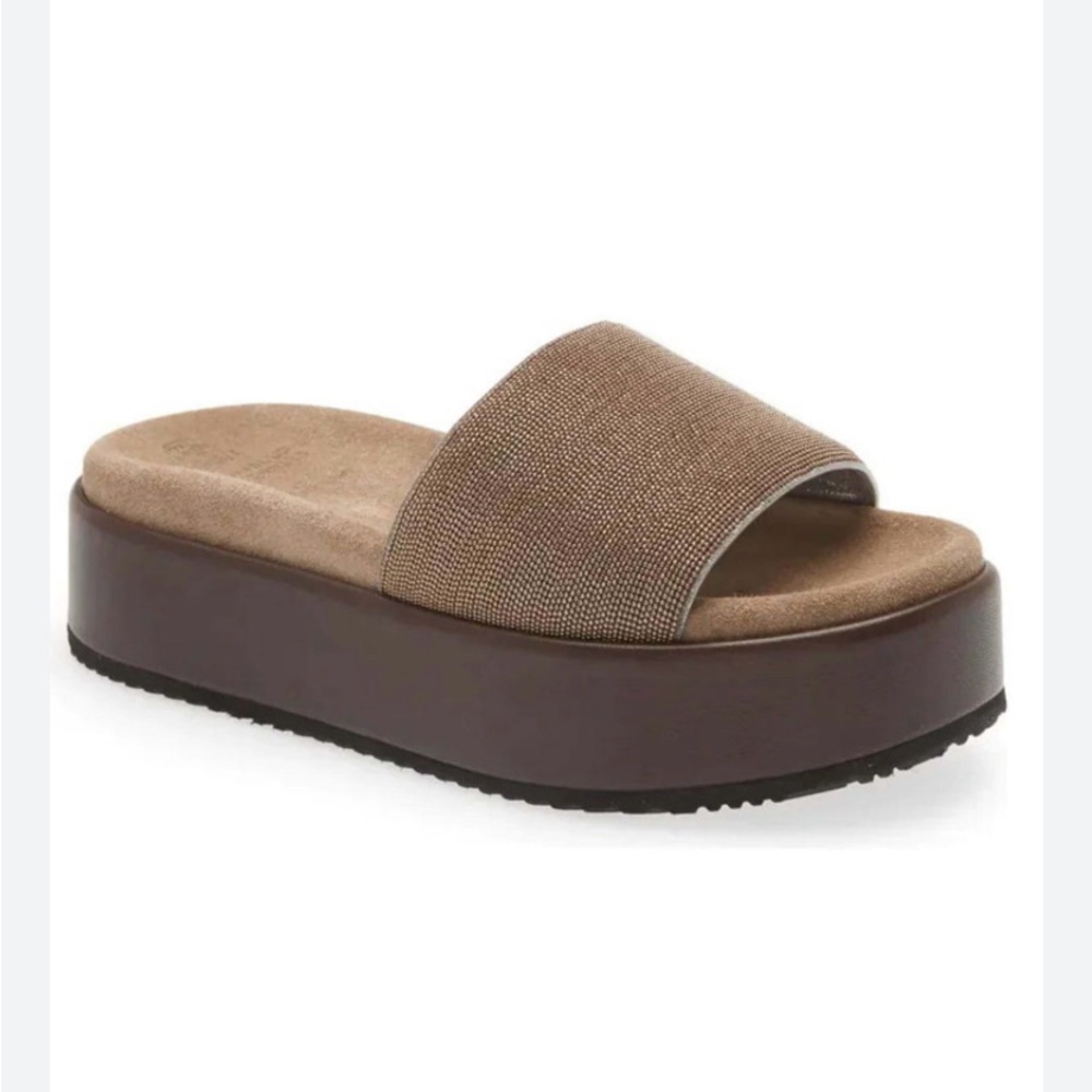 $1595 Brunello Cucinelli rose gold Monili platform slides 37.5